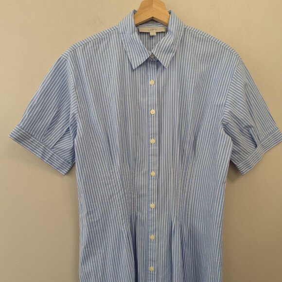 Loft Striped Poplin Shirt Dress Tailored Preppy Midi Blue White - Picture 3 of 12